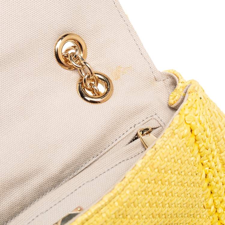 Pre Owned Dolce & Gabbana Yellow Woven Raffia Crystal Embellished Flap Shoulder Bag