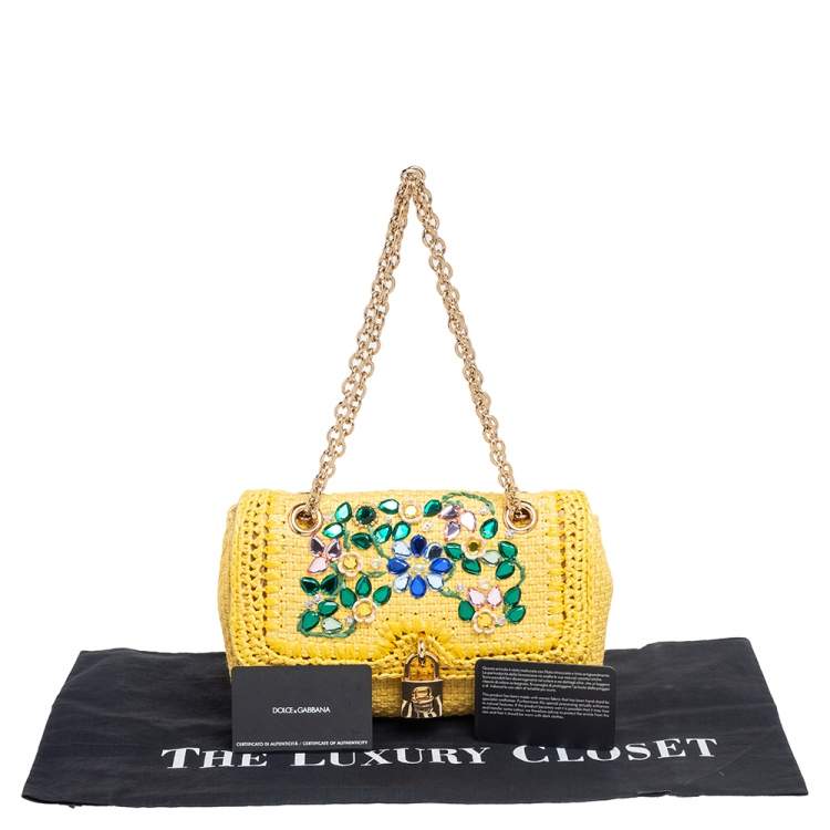 Pre Owned Dolce & Gabbana Yellow Woven Raffia Crystal Embellished Flap Shoulder Bag