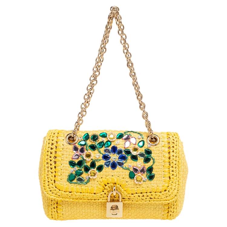 Pre Owned Dolce & Gabbana Yellow Woven Raffia Crystal Embellished Flap Shoulder Bag