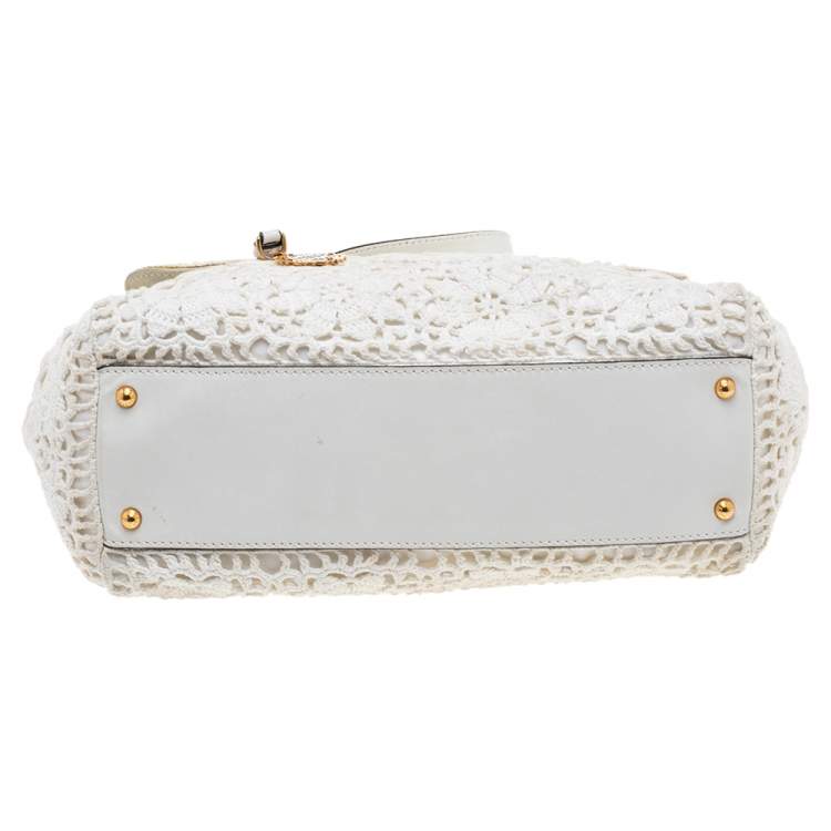 Pre Owned Dolce & Gabbana White Crochet and Leather Large Miss Sicily Top Handle Bag