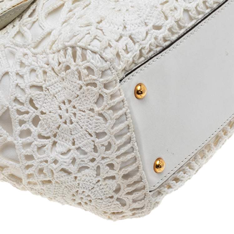 Pre Owned Dolce & Gabbana White Crochet and Leather Large Miss Sicily Top Handle Bag