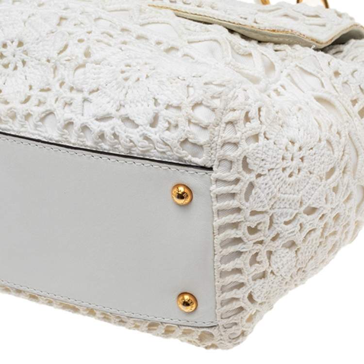 Pre Owned Dolce & Gabbana White Crochet and Leather Large Miss Sicily Top Handle Bag