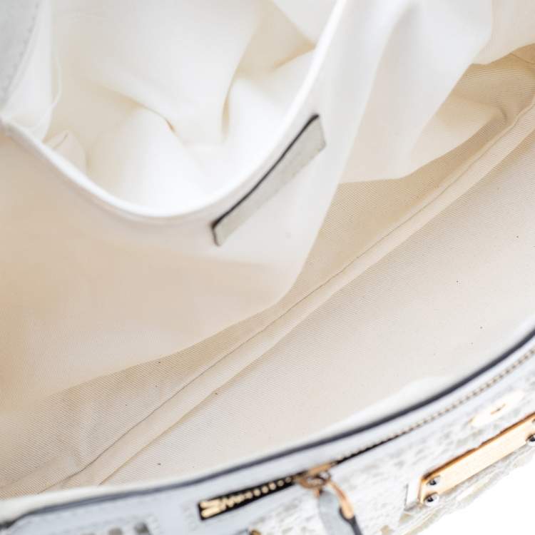 Pre Owned Dolce & Gabbana White Crochet and Leather Large Miss Sicily Top Handle Bag