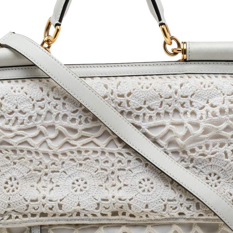 Pre Owned Dolce & Gabbana White Crochet and Leather Large Miss Sicily Top Handle Bag