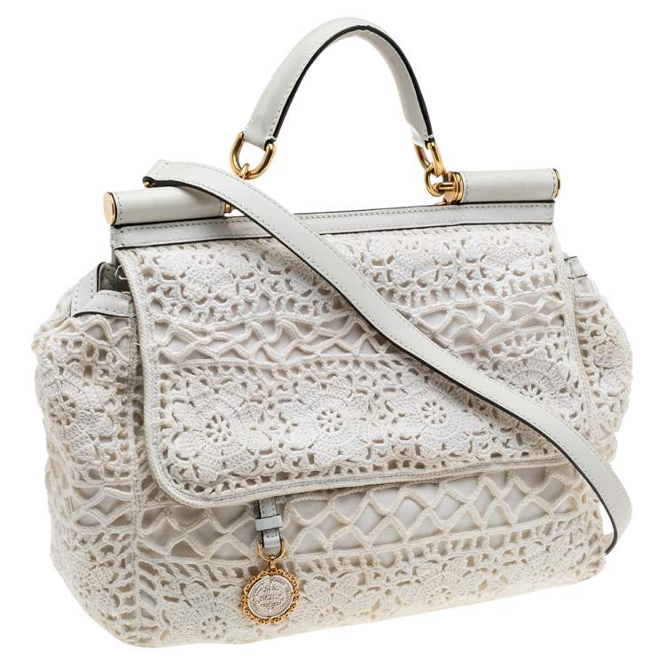Pre Owned Dolce & Gabbana White Crochet and Leather Large Miss Sicily Top Handle Bag