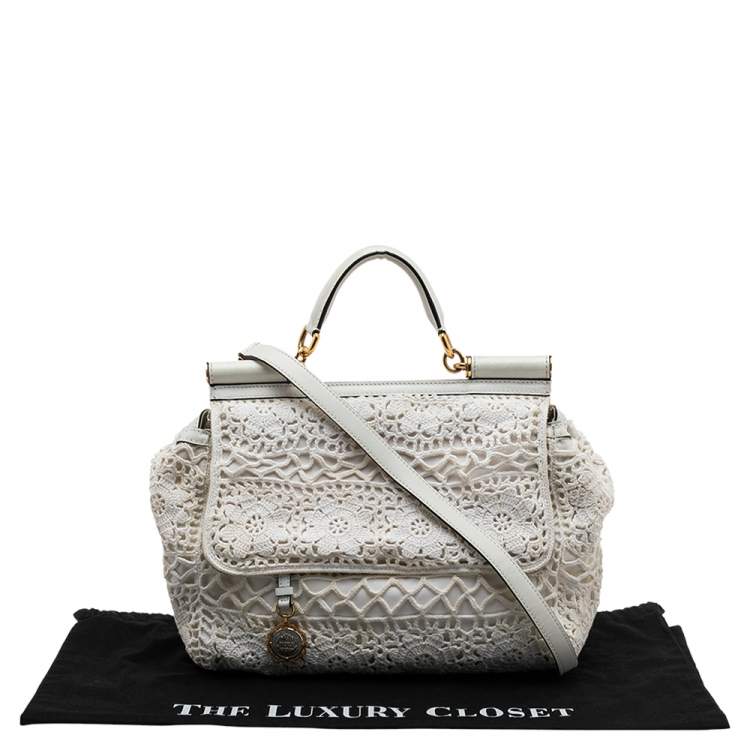 Pre Owned Dolce & Gabbana White Crochet and Leather Large Miss Sicily Top Handle Bag