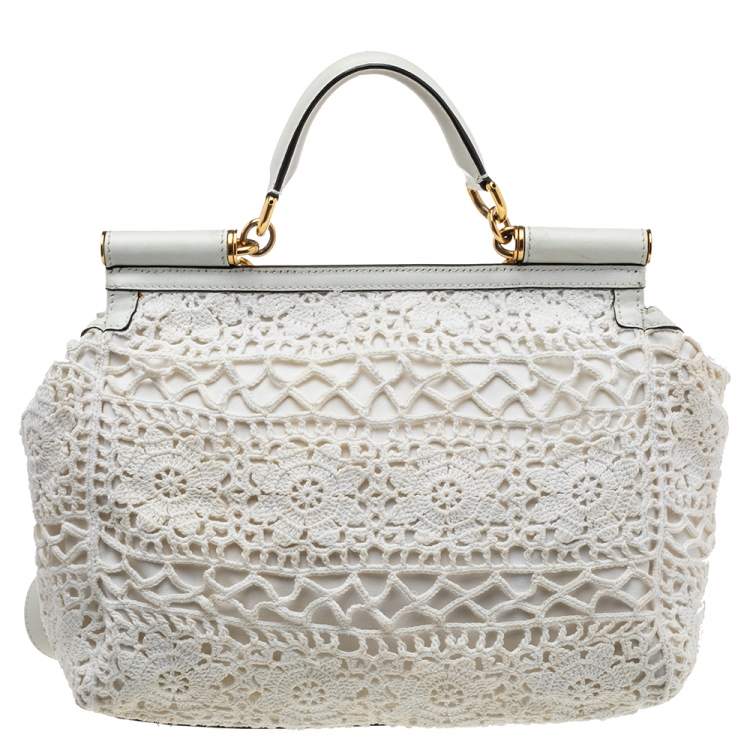 Pre Owned Dolce & Gabbana White Crochet and Leather Large Miss Sicily Top Handle Bag