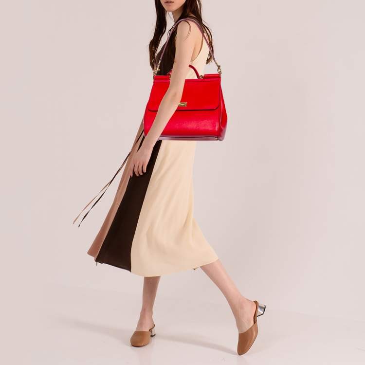 Pre Owned Dolce & Gabbana Red Leather Large Miss Sicily Top Handle Bag