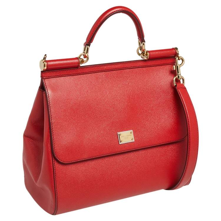 Pre Owned Dolce & Gabbana Red Leather Large Miss Sicily Top Handle Bag