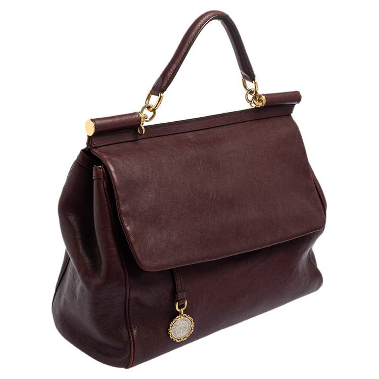Pre Owned Dolce & Gabbana Burgundy Leather Large Heritage Miss Sicily Top Handle Bag