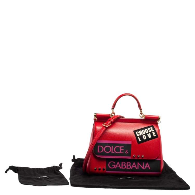 Pre Owned Dolce & Gabbana Red Leather Medium Miss Sicily Choose Love Top Handle Bag
