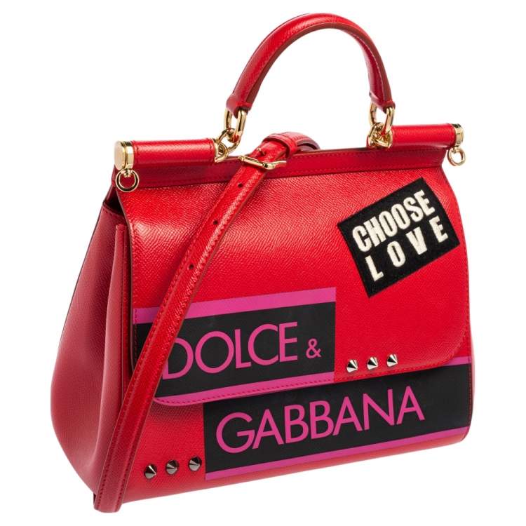 Pre Owned Dolce & Gabbana Red Leather Medium Miss Sicily Choose Love Top Handle Bag