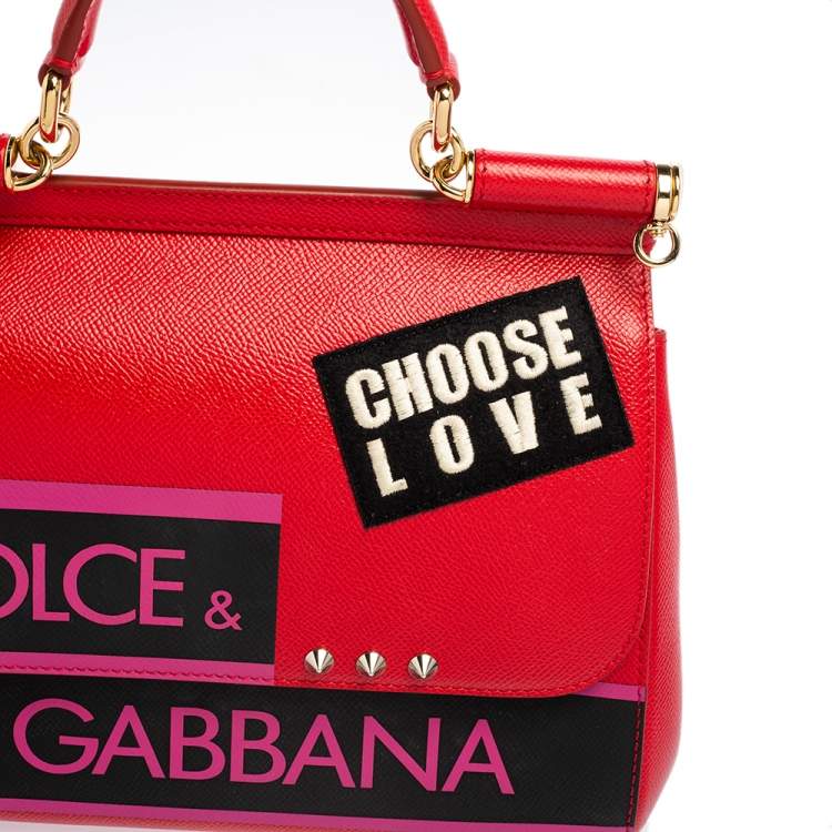 Pre Owned Dolce & Gabbana Red Leather Medium Miss Sicily Choose Love Top Handle Bag
