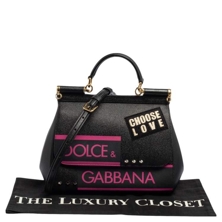 Pre Owned Dolce & Gabbana Black Leather Medium Miss Sicily Choose Love Top Handle Bag