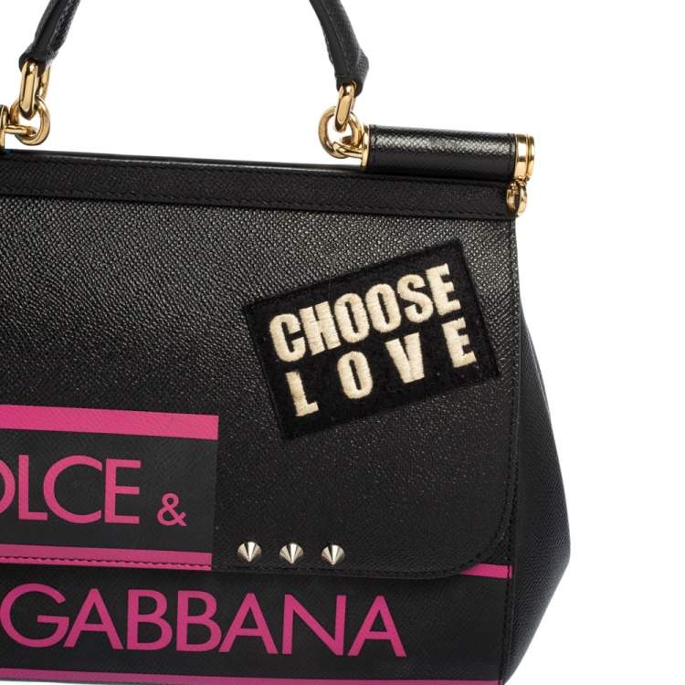 Pre Owned Dolce & Gabbana Black Leather Medium Miss Sicily Choose Love Top Handle Bag