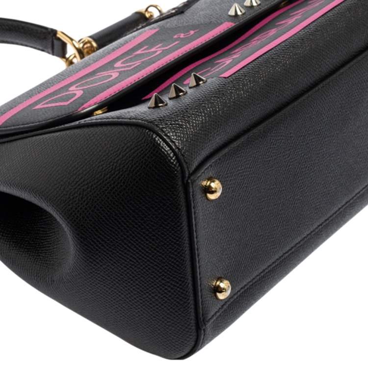 Pre Owned Dolce & Gabbana Black Leather Medium Miss Sicily Choose Love Top Handle Bag