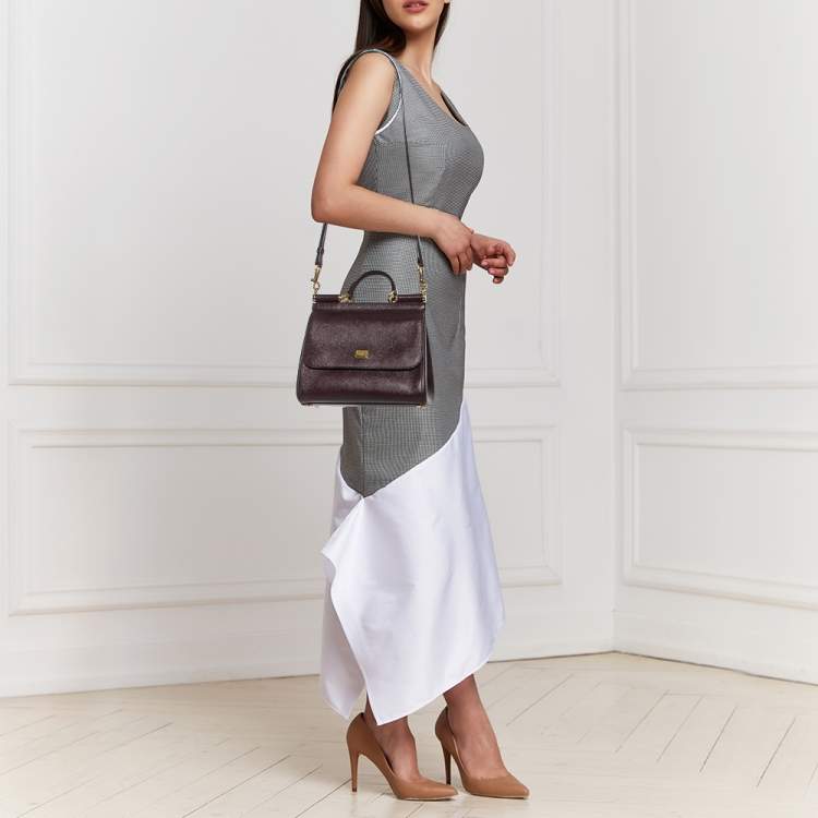 Pre Owned Dolce & Gabbana Plum Leather Medium Miss Sicily Top Handle Bag