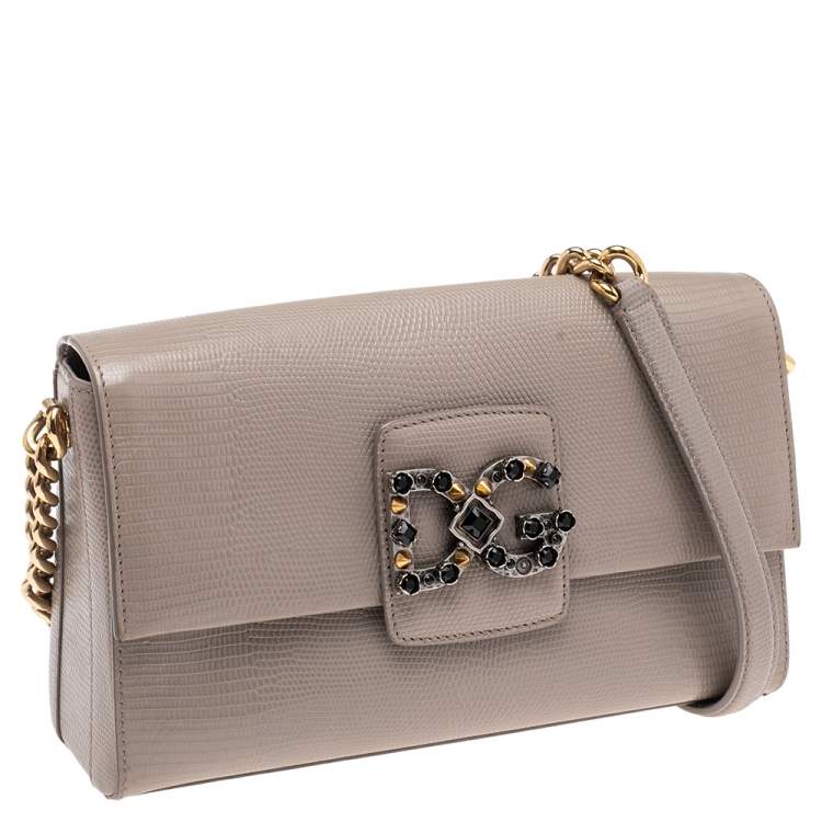 Pre Owned Dolce & Gabbana Grey Lizard Embossed Leather DG Millennials Crossbody Bag