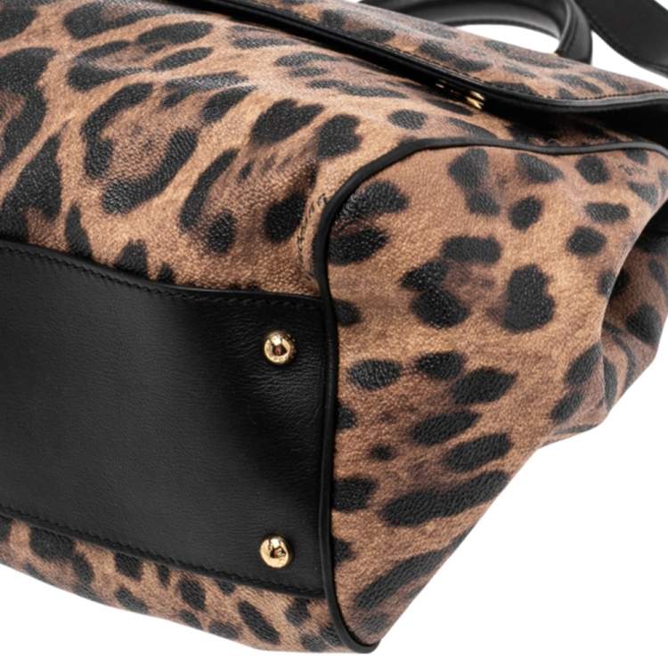 Pre Owned Dolce & Gabbana Black/Brown Leopard Print Leather Miss Sicily Top Handle Bag