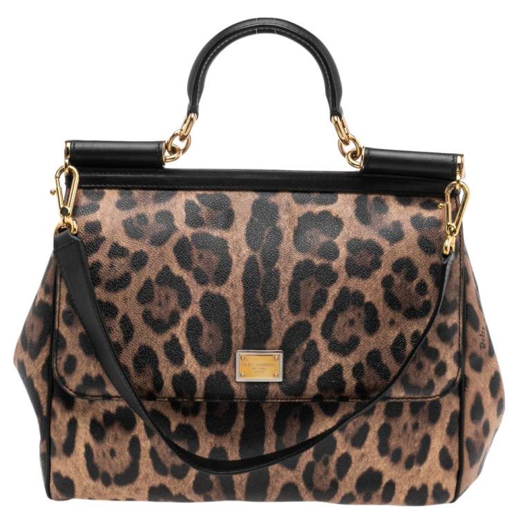 Pre Owned Dolce & Gabbana Black/Brown Leopard Print Leather Miss Sicily Top Handle Bag