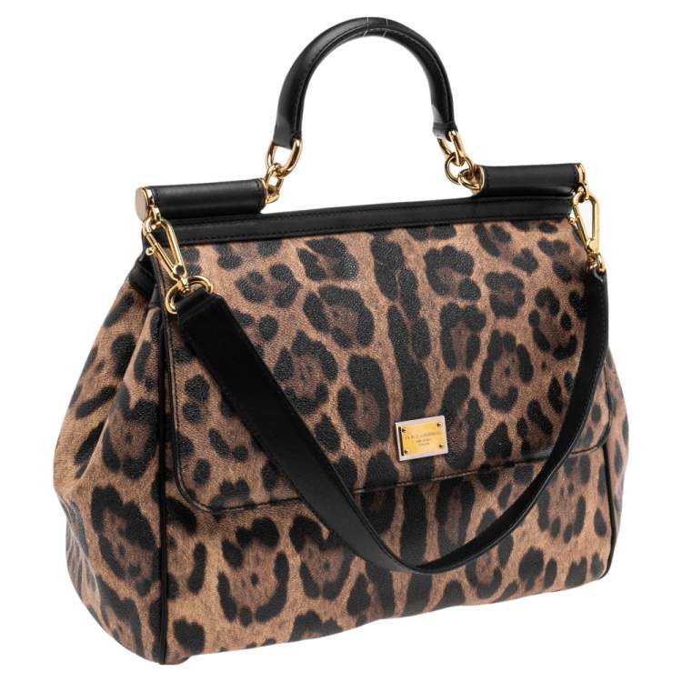 Pre Owned Dolce & Gabbana Black/Brown Leopard Print Leather Miss Sicily Top Handle Bag