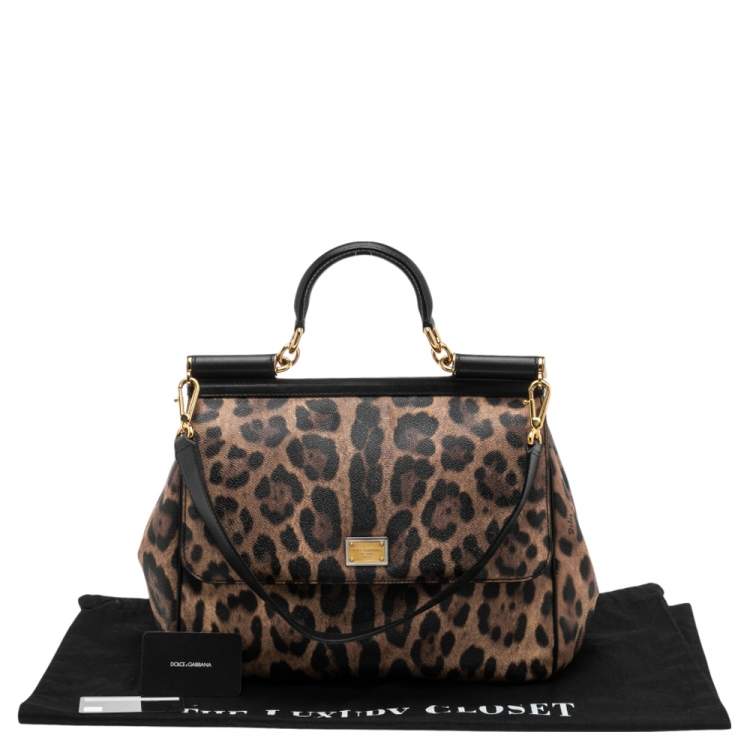 Pre Owned Dolce & Gabbana Black/Brown Leopard Print Leather Miss Sicily Top Handle Bag