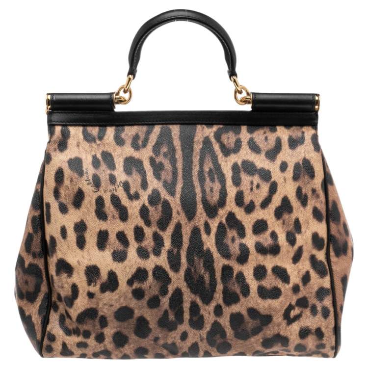 Pre Owned Dolce & Gabbana Black/Brown Leopard Print Leather Miss Sicily Top Handle Bag