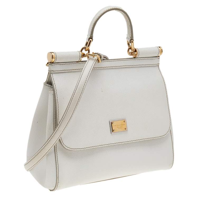 Pre Owned Dolce & Gabbana White Leather Medium Miss Sicily Top Handle Bag