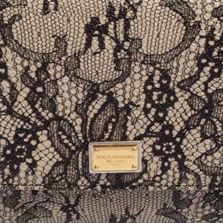 Pre Owned Dolce & Gabbana Black/Beige Lace Print Leather Flap Chain Clutch