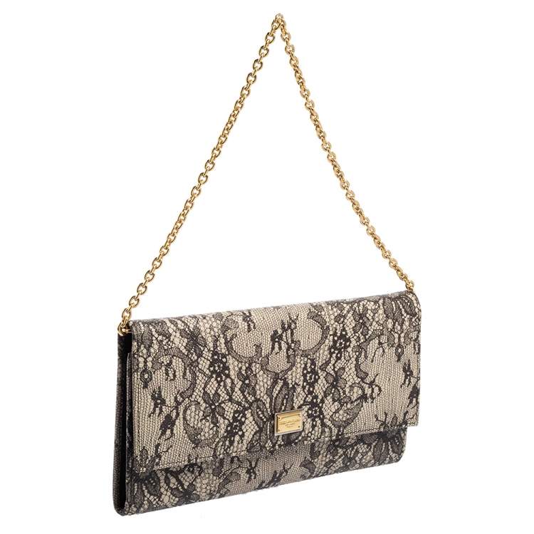 Pre Owned Dolce & Gabbana Black/Beige Lace Print Leather Flap Chain Clutch