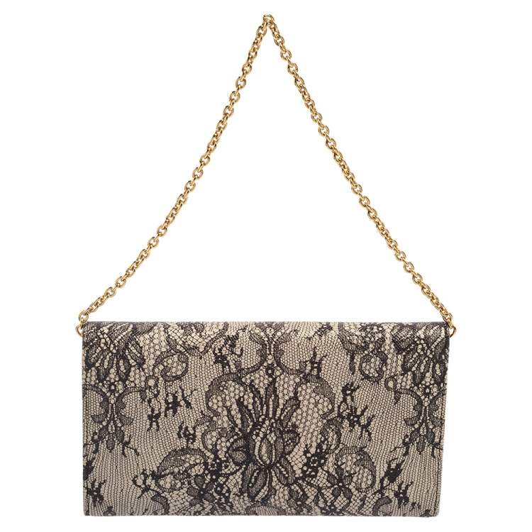 Pre Owned Dolce & Gabbana Black/Beige Lace Print Leather Flap Chain Clutch