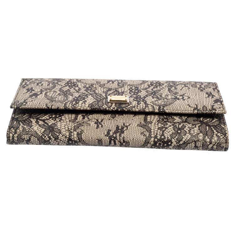 Pre Owned Dolce & Gabbana Black/Beige Lace Print Leather Flap Chain Clutch