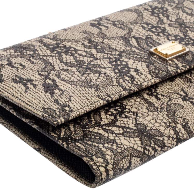 Pre Owned Dolce & Gabbana Black/Beige Lace Print Leather Flap Chain Clutch