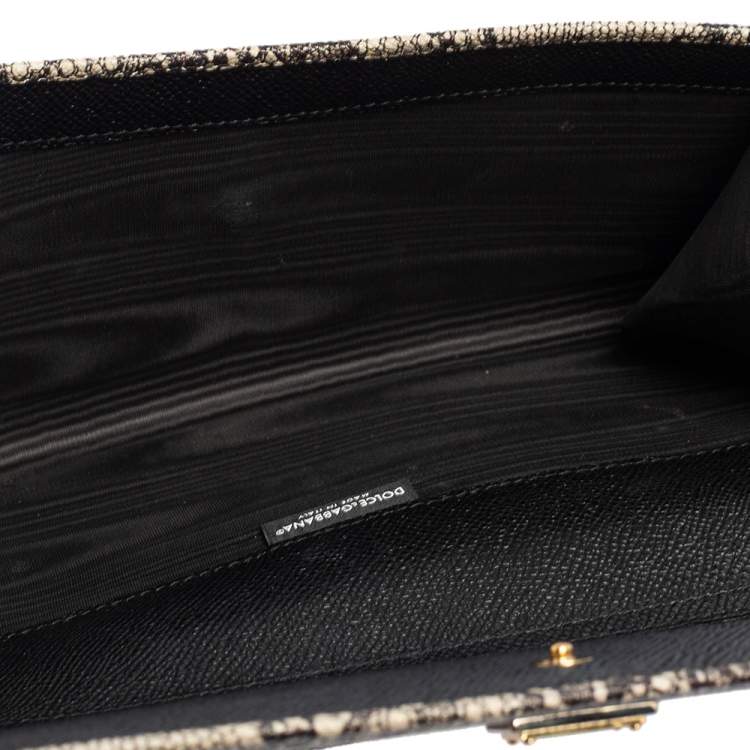 Pre Owned Dolce & Gabbana Black/Beige Lace Print Leather Flap Chain Clutch