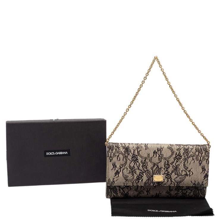 Pre Owned Dolce & Gabbana Black/Beige Lace Print Leather Flap Chain Clutch