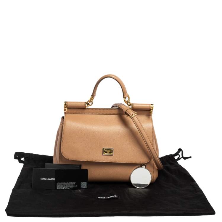 Pre Owned Dolce & Gabbana Beige Leather Medium Miss Sicily Top Handle Bag