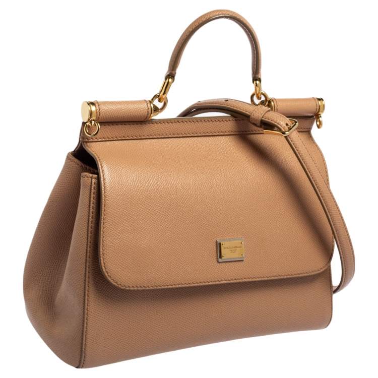Pre Owned Dolce & Gabbana Beige Leather Medium Miss Sicily Top Handle Bag