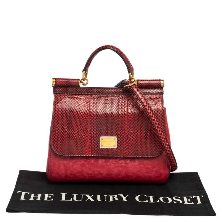 Pre Owned Dolce & Gabbana Red Leather and Snakeskin Medium Miss Sicily Top Handle Bag