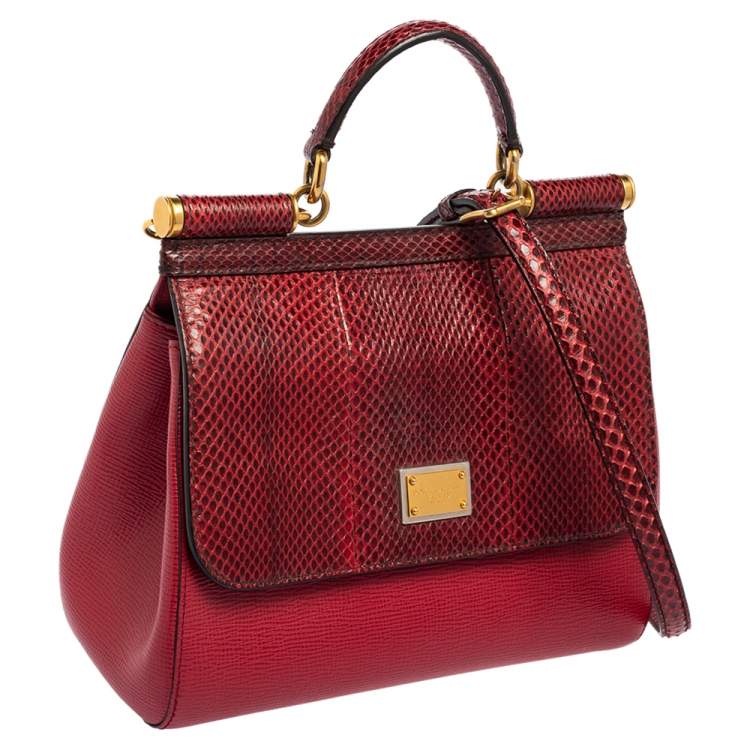 Pre Owned Dolce & Gabbana Red Leather and Snakeskin Medium Miss Sicily Top Handle Bag