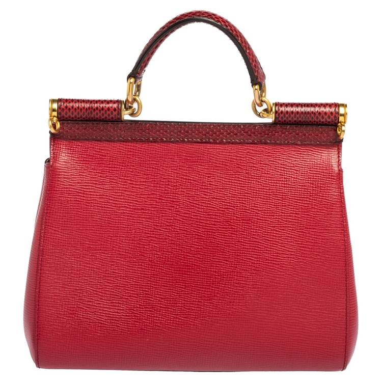 Pre Owned Dolce & Gabbana Red Leather and Snakeskin Medium Miss Sicily Top Handle Bag