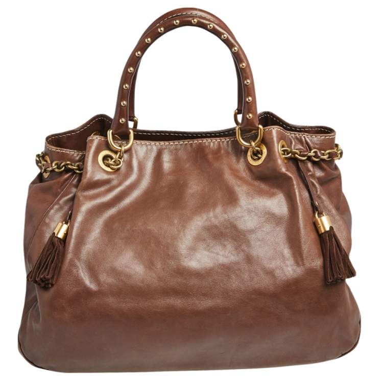 Pre Owned Dolce & Gabbana Brown Soft Leather Studded Handle Tote
