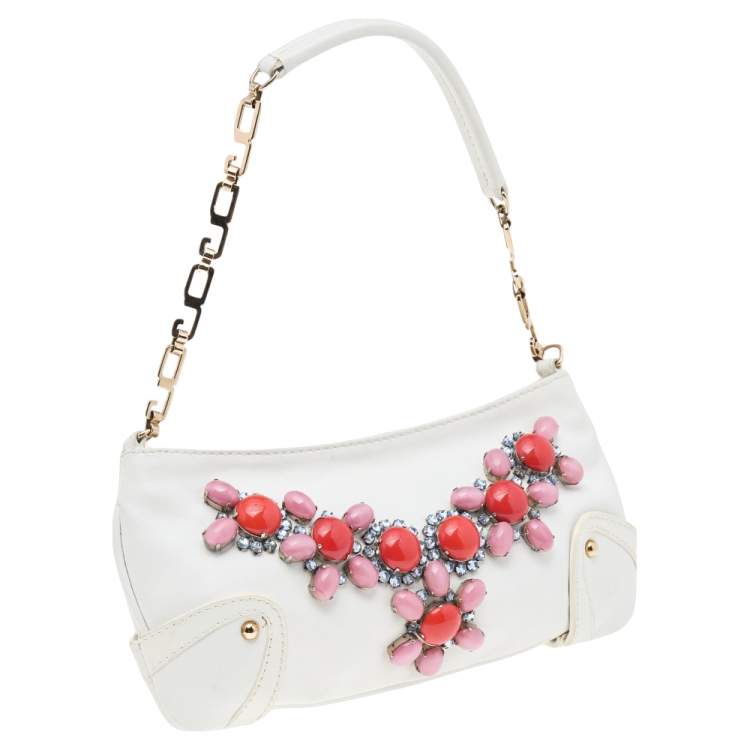 Pre Owned Dolce & Gabbana White Leather Embellished Baguette Bag