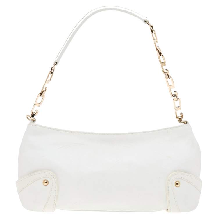 Pre Owned Dolce & Gabbana White Leather Embellished Baguette Bag