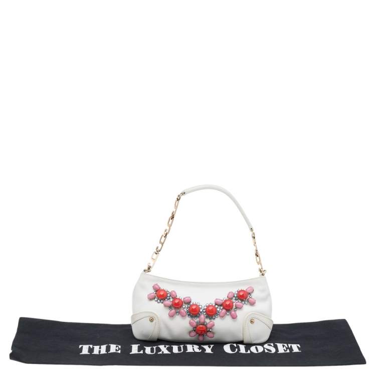Pre Owned Dolce & Gabbana White Leather Embellished Baguette Bag