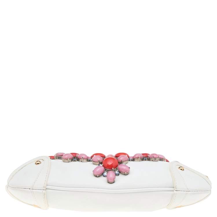 Pre Owned Dolce & Gabbana White Leather Embellished Baguette Bag