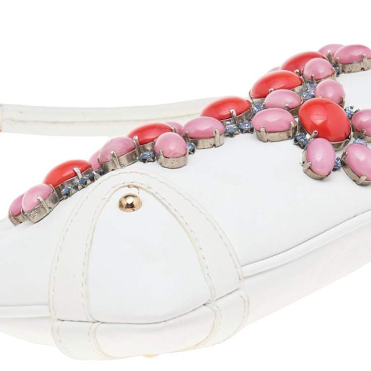 Pre Owned Dolce & Gabbana White Leather Embellished Baguette Bag