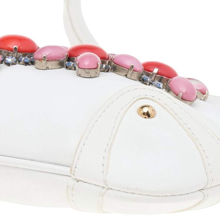 Pre Owned Dolce & Gabbana White Leather Embellished Baguette Bag