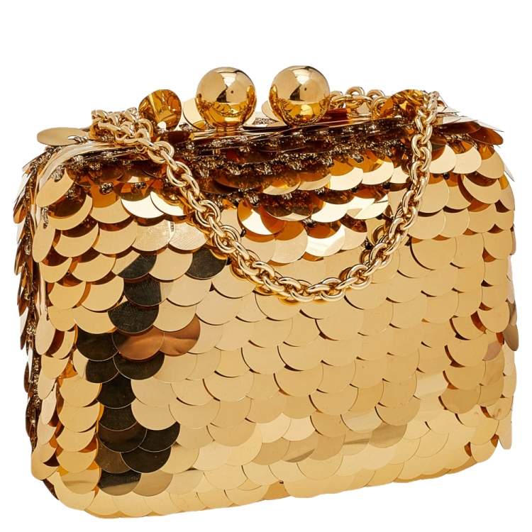 Pre Owned Dolce & Gabbana Gold Sequins Lock Frame Shoulder Bag