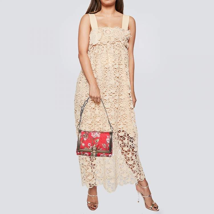 Pre Owned Dolce & Gabbana Multicolor Floral Brocade and Python Flap Shoulder Bag