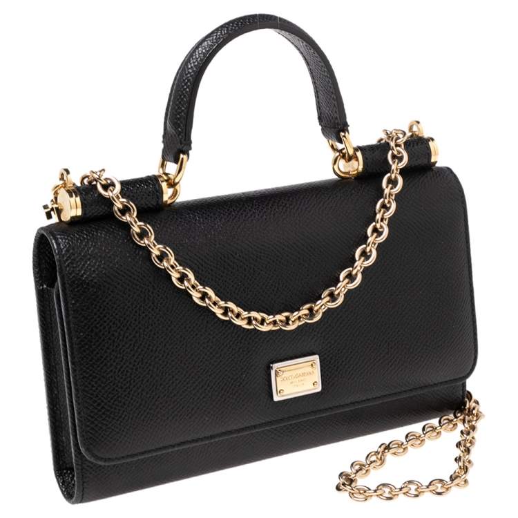 Pre Owned Dolce & Gabbana Black Leather Miss Sicily Von Wallet on Chain